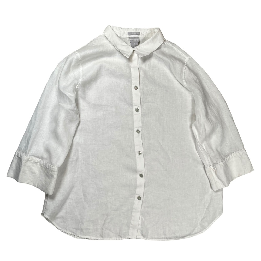 Chicos No Iron Linen Shirt Womens Sz 16 White Button Up Blouse Minimalist Office
